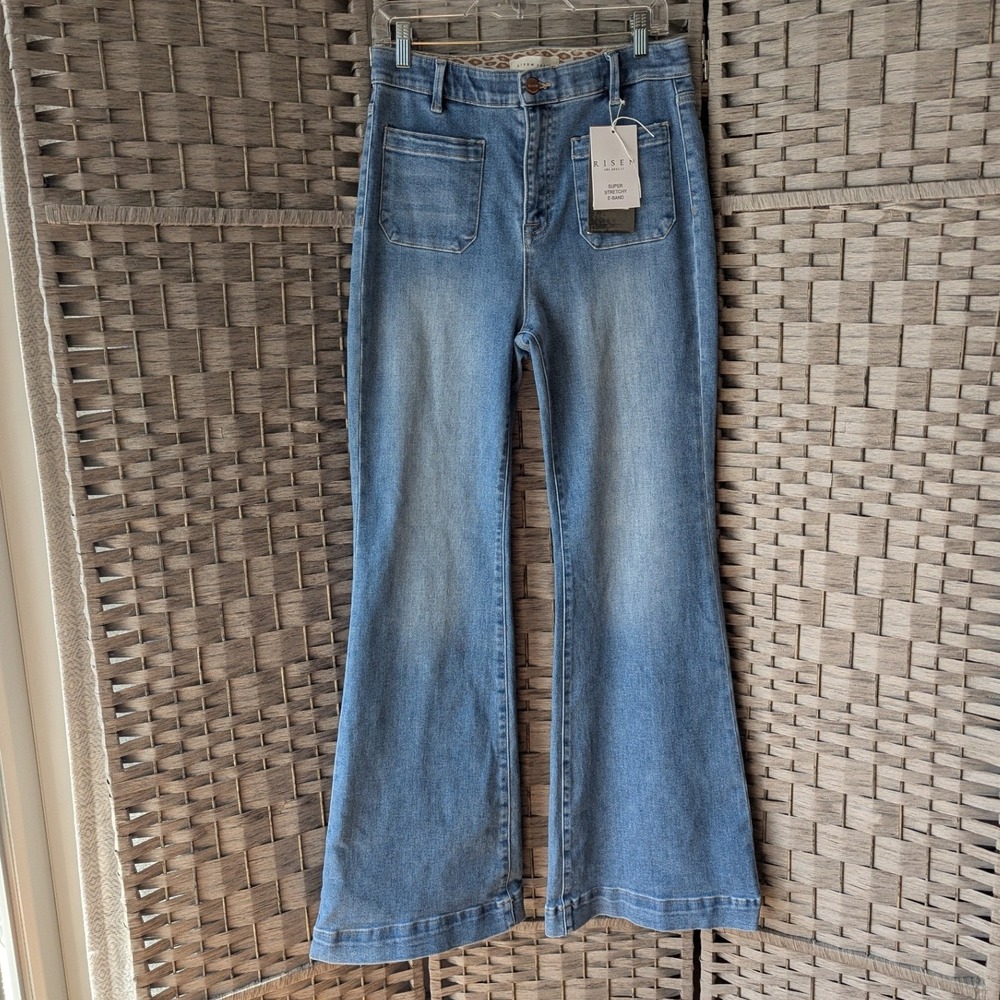Risen Flare Jeans Blue High Rise Super Stretchy E-Band Sz 13/31 Utility Pockets